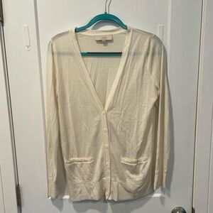 LOFT Women Cream Button Down V-neck Lightweight Wool Blend Cardigan Sweater M
